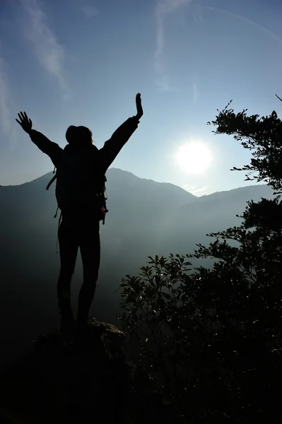 Cheering woman hiker on mountain top — Stock Photo, Image