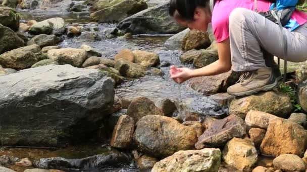 Женщина пьет воду из ручья — стоковое видео