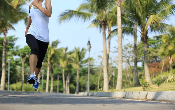 Gimnasio Piernas Jogger Femenino Corriendo Parque Tropical Concepto Fitness — Foto de Stock