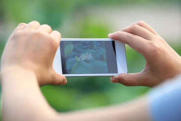 Femme Mains Prenant Des Photos Avec Téléphone Intelligent — Photo