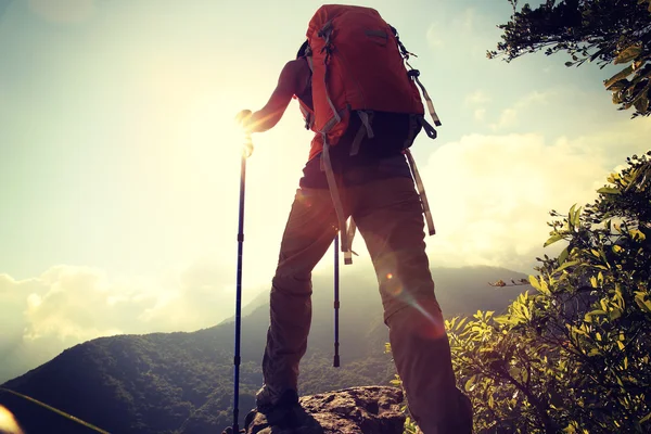 Woman backpacker on mountain — Stock Photo, Image