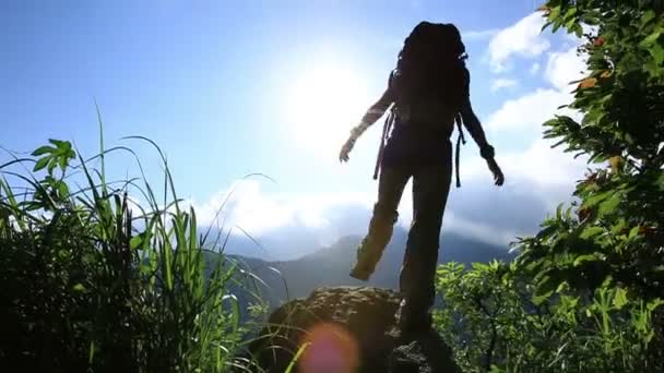 Cheering mulher caminhante — Vídeo de Stock