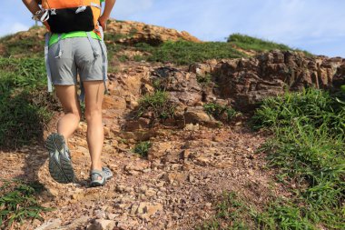 Genç kadın backpacker dağ tepe tırmanma