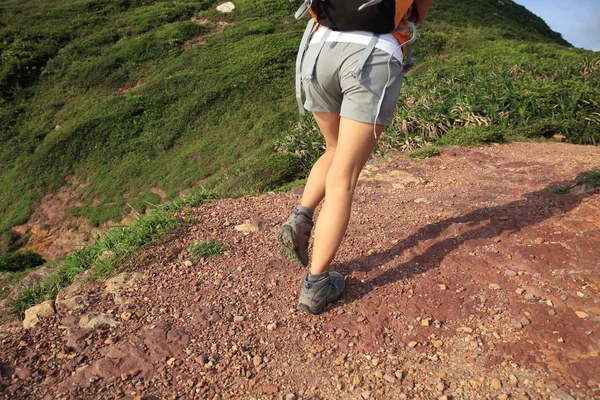 Νεαρή Γυναίκα Backpacker Ανεβαίνοντας Στην Κορυφή Του Βουνού — Φωτογραφία Αρχείου