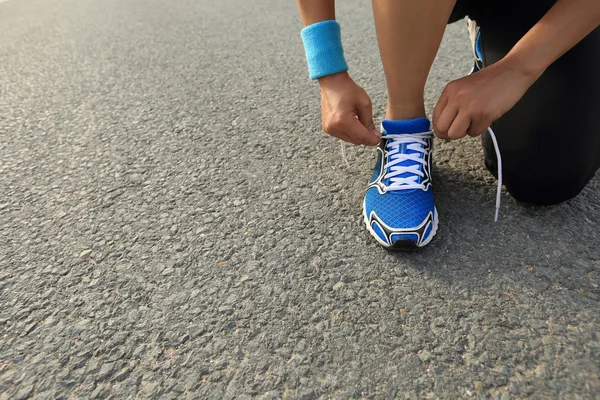 Young Woman Runner Tying Shoelace Road — Stock Photo, Image