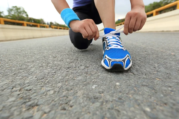 Young Woman Runner Tying Shoelace Road — Stock Photo, Image