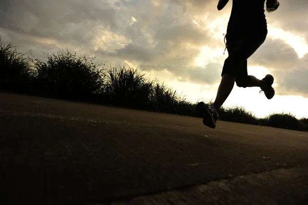 Female Athlete Running Seaside Road Woman Fitness Silhouette Sunrise Jogging — Stock Photo, Image