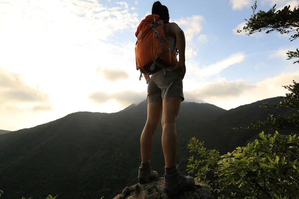 Backpackerin Auf Berggipfel Genießt Die Aussicht — Stockfoto