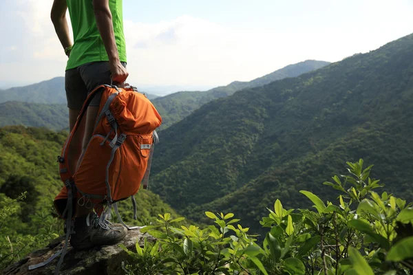 Mulher mochileiro no pico da montanha — Fotografia de Stock