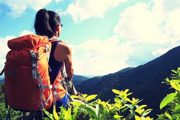 Woman backpacker on mountain peak — Stock Photo, Image