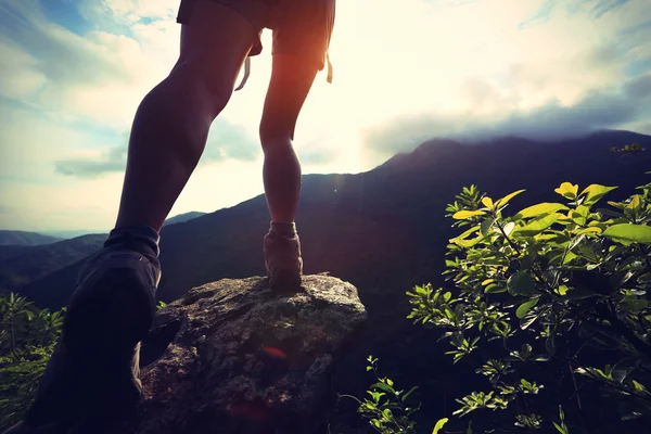 Kobieta wycieczkowicz nogi wspinania się na góry — Zdjęcie stockowe