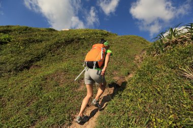 genç kadın backpacker dağ izi tırmanma