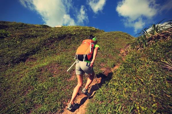 Mulher mochileiro escalada na trilha da montanha — Fotografia de Stock