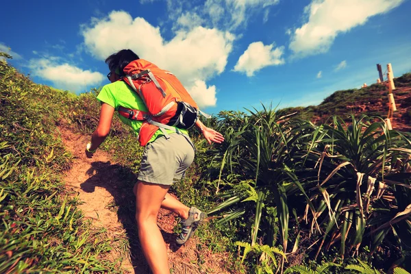 Kvinnan backpacker klättring på skogsstig — Stockfoto