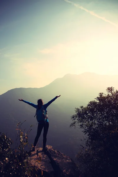 Woman hiker  at mountain peak — Stock Photo, Image