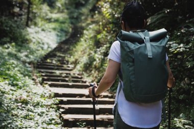 Sırt çantalı bir kadın tırmanma taşıyla dik bir orman yoluna çıkıyor..