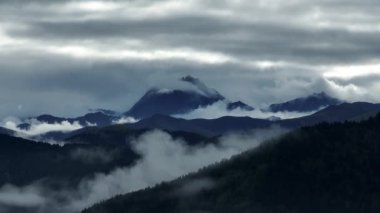 Yükseğe çıkan yemyeşil vadi, bulutlu gökyüzünün altında karla kaplı dağ zirveleri..