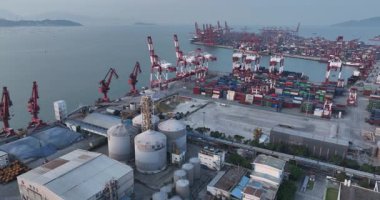 Shenzhen, Guangdong 'da dolu bir limanda renkli nakliye konteynerleri.