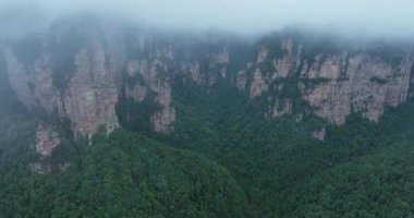Büyük, dik kayalıklar ve kaya sütunları yoğun yeşil bir ormanın üzerinde yükseliyor, tepeleri sis ve alçak bulutlarla örtülü..