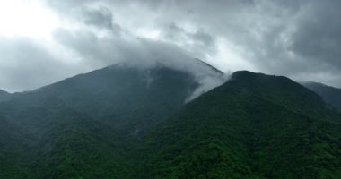 Alçak asılı bulutlar ve sisle kaplanmış yemyeşil bir dağ zirvesi..