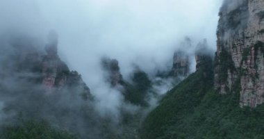 Sis ve alçak bulutlar sarp, dramatik, ormanla kaplı dağlar.