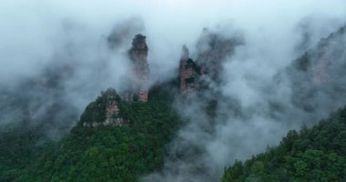 Sis ve alçak bulutlar sarp, dramatik, ormanla kaplı dağlar.