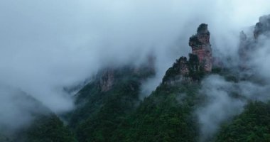 Sis kaplı, dikey uçurumlar ve yeşil bir ormanın üzerinde yükselen kaya sütunları..