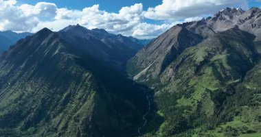 Güzel yüksek irtifa dağlarının, nehrin ve ormanın havadan görünüşü