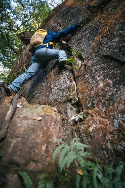 Sırt çantalı kadın dik orman kayalıklarına tırmanıyor.