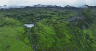 Güzel yüksek irtifa çayırlık dağ manzarasının hava görüntüleri.    