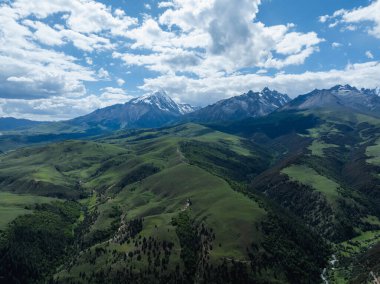 Çin 'deki güzel yüksek irtifa çayırları ve orman manzarasının havadan görünüşü.