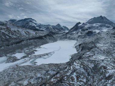 Güzel yüksek irtifa buzulu ve kar kaplı dağlarla Tibet, Çin 'de donmuş göl