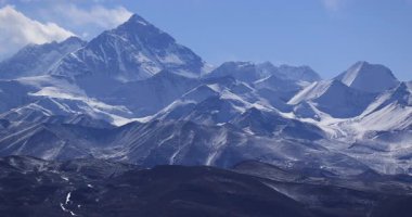 Açık mavi gökyüzünün altında karlı dağlar