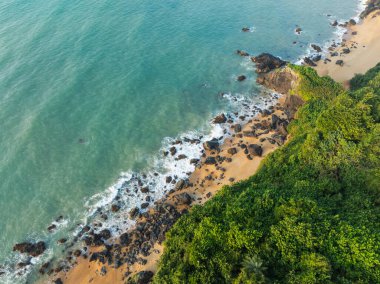 Deniz dalgaları ve yeşil kıyı şeridi manzarası.