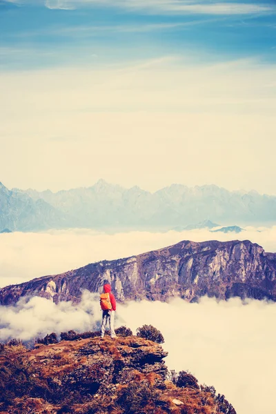 산의 정상에 여자 등산객 — 스톡 사진