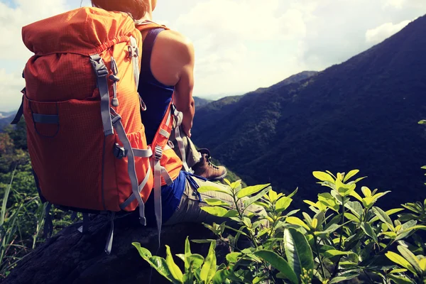 Mulher caminhante no pico da montanha — Fotografia de Stock