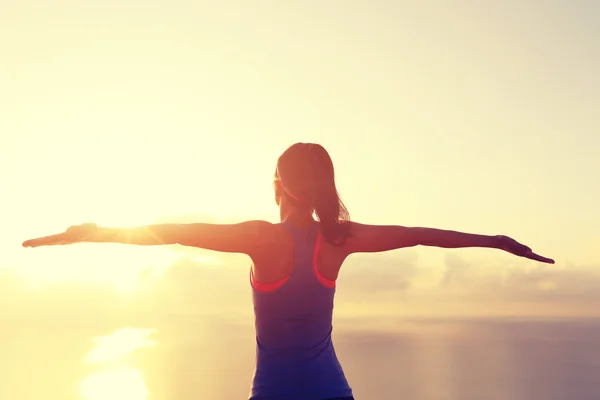 Cheering  woman hiker on mountain peak — Stock Photo, Image