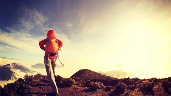 Mujer mochilero en pico de montaña — Foto de Stock