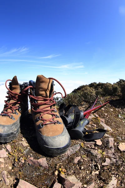 Hiking boots on  mountain peak — Stock Photo, Image