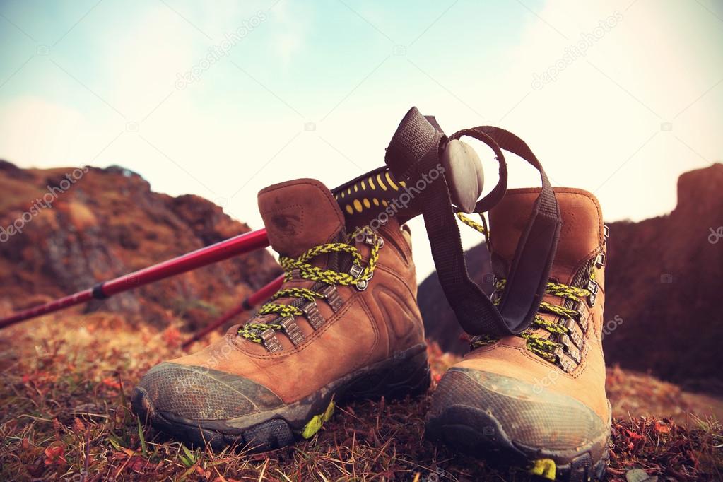 hiking boots on  mountain peak