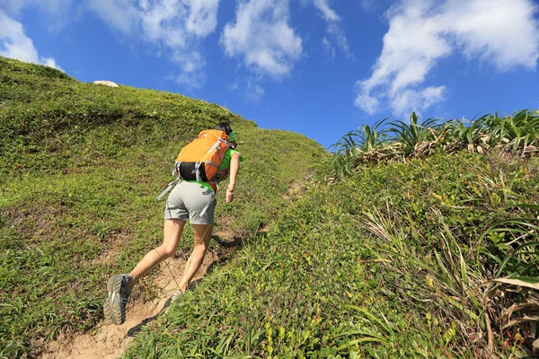 Mujer mochilero escalada a la montaña —  Fotos de Stock