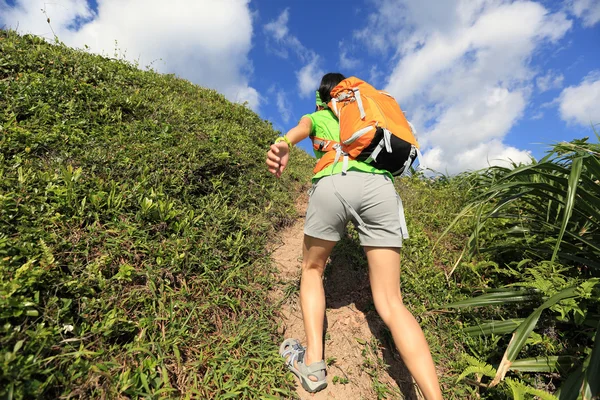 Γυναίκα backpacker αναρρίχηση στο βουνό — Φωτογραφία Αρχείου