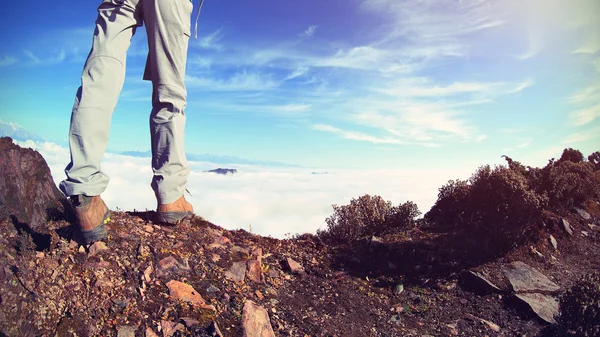 Mujer mochilero en pico de montaña — Foto de Stock