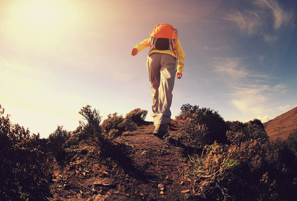 woman backpacker climbing to mountain