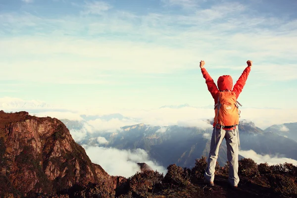 Cheering young woman hiker on mountain — Stock Photo, Image