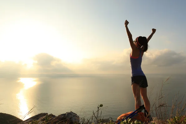 Cheering young woman at mountain peak — Stock Photo, Image