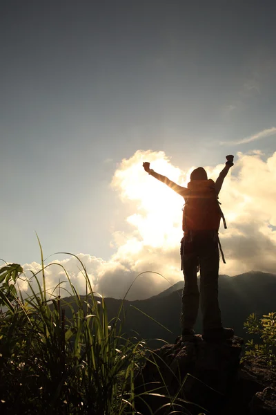 Animando a la joven en el pico de la montaña — Foto de Stock