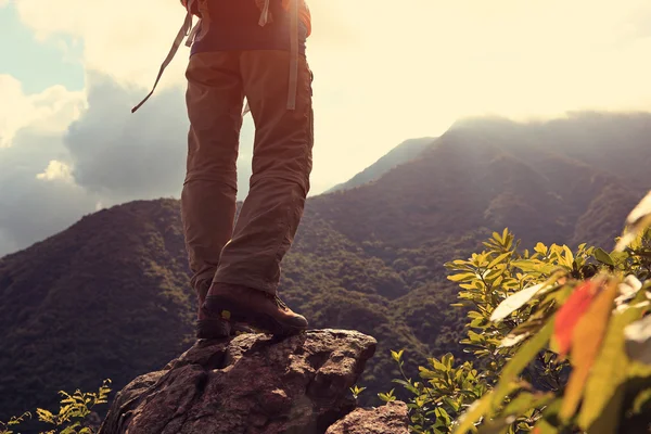 Jovem mulher mochileiro no pico da montanha — Fotografia de Stock