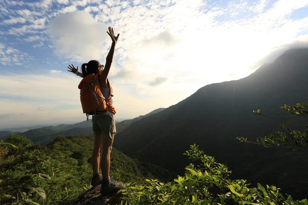 Jubelnde junge Frau auf dem Berggipfel — Stockfoto