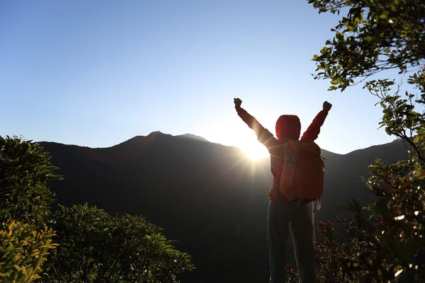 Successful woman with open arms on peak — Stock Photo, Image